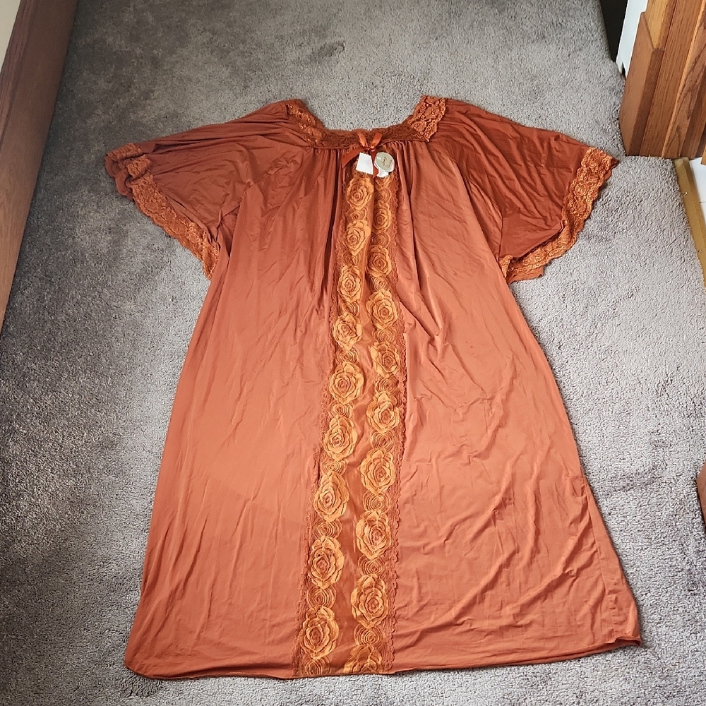 Alraqea Burnt Orange Lace Trim Nightgown Robe Dress Size 4XL